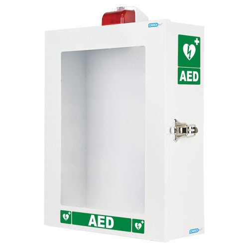 White wall mounted AED cabinet with a clear window, a red strobe on top, a green AED decal and a key lock