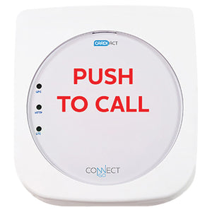 White wall unit with a large round face printed push to call in red, with indicator lights down the left side and CARDIACT branding