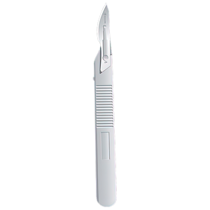 Disposable scalpel with a stainless steel blade fitted to a ridged plastic handle, shown against a plain background