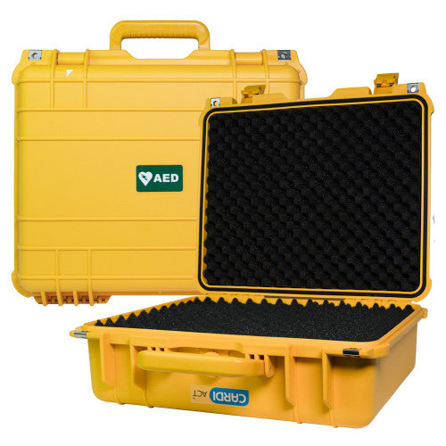 Two yellow AED cases shown open side by side with their foam linings visible