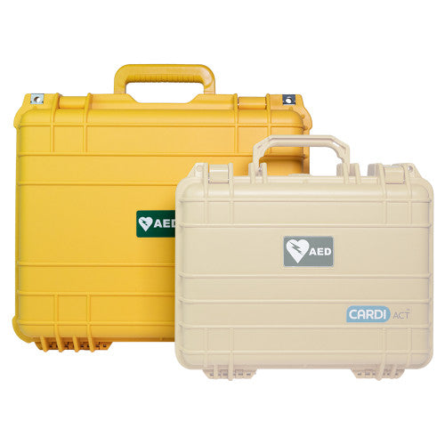 The yellow AED case shown beside a smaller tan case for size comparison
