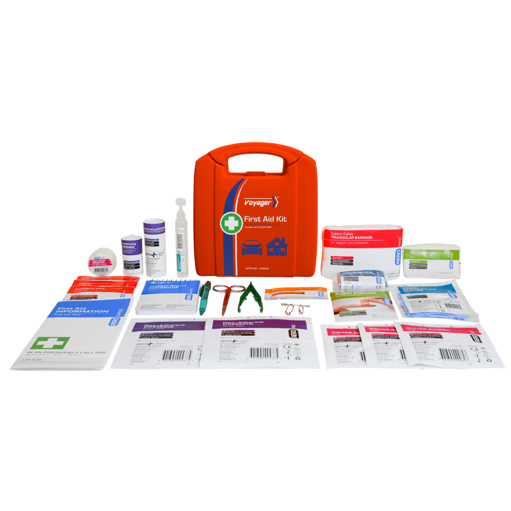 The same kit shown behind its contents laid out in rows
