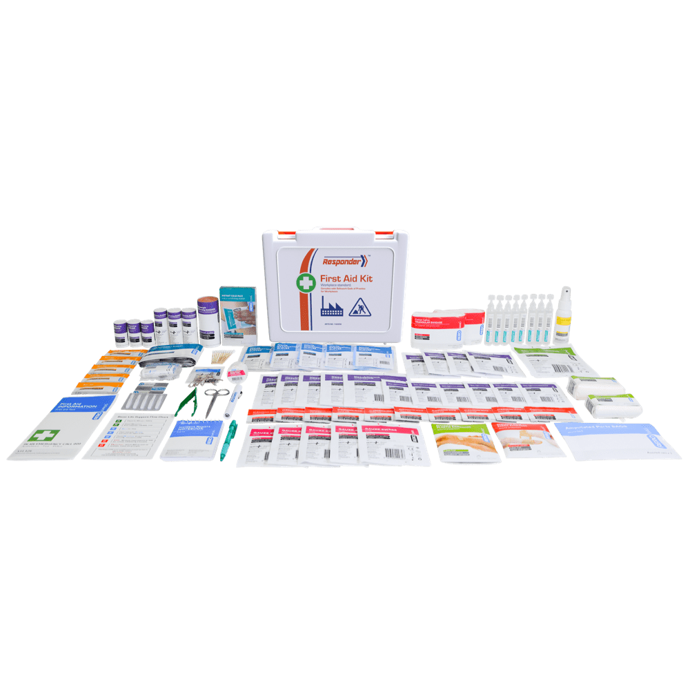 The same kit shown behind its contents laid out in rows