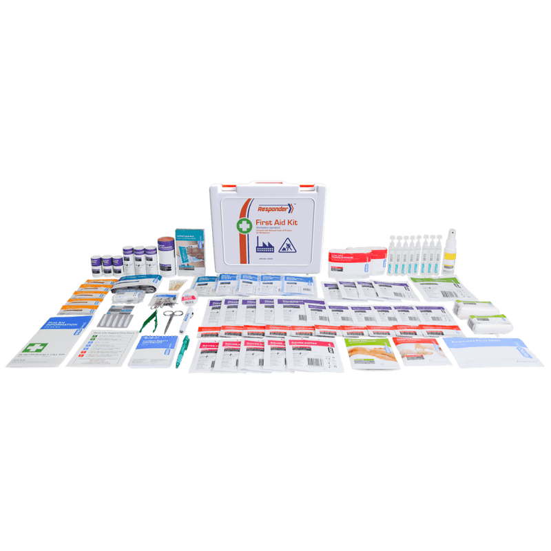 The same kit shown behind its contents laid out in rows
