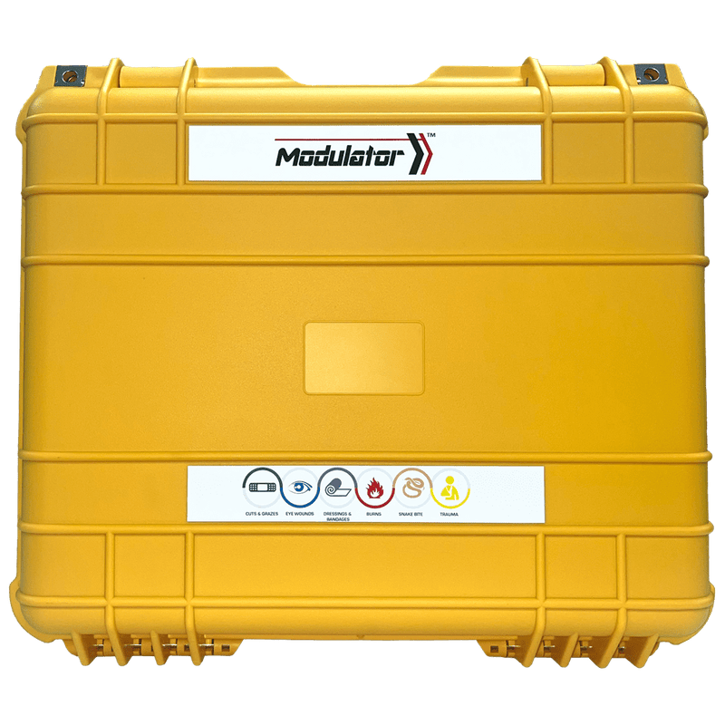 Aero Modulator weatherproof plastic case shown with Aero's standard artwork, supplied on this SKU with your own label in its place