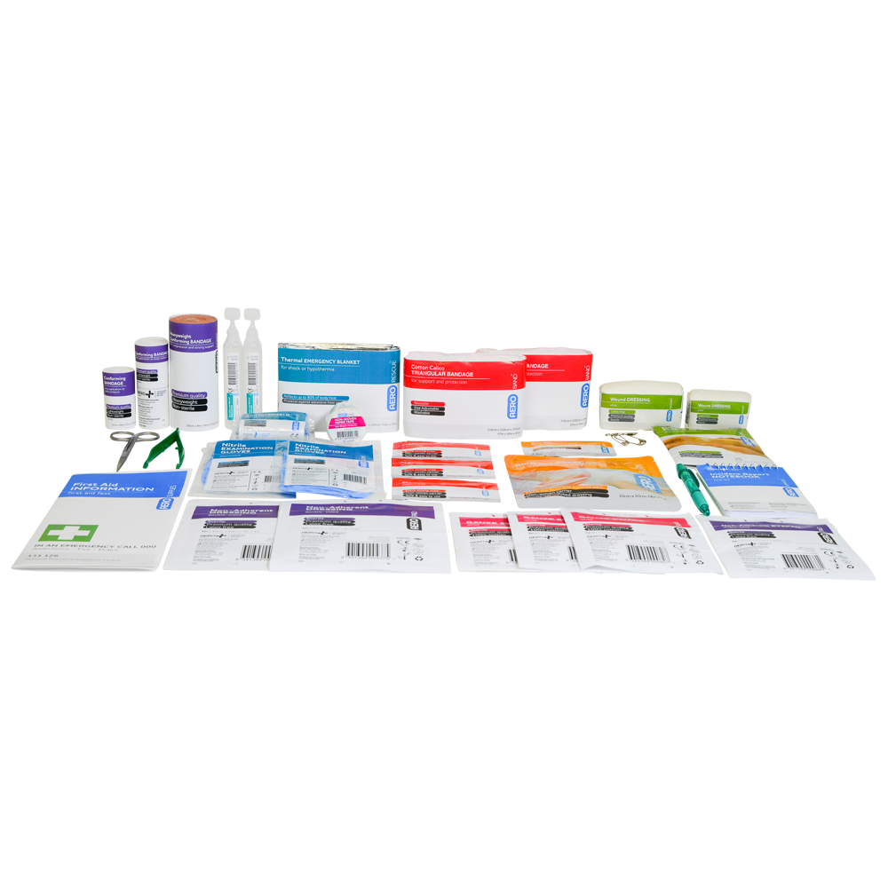 Aero Healthcare DEFENDER 3 Series First Aid Kit Refill contents showing wound care dressings bandages gloves and wipes arranged as a complete workplace first aid kit replenishment pack