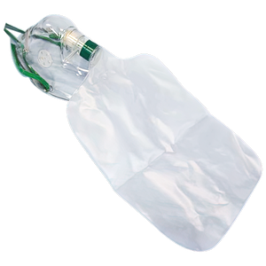 Clear non-rebreather oxygen mask with a green valve fitting and an attached reservoir bag