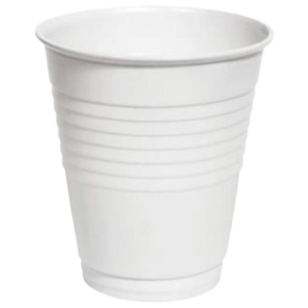 Aero Healthcare Disposable White Plastic Cups showing single-use white plastic cups for medication dispensing, eyewash administration, and clinical first aid room consumable use