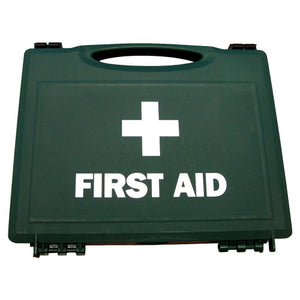 Dark green plastic case with a moulded handle, printed FIRST AID with a white cross