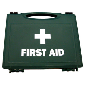 Green plastic first aid case printed first aid with a white cross, with a moulded carry handle and two catches