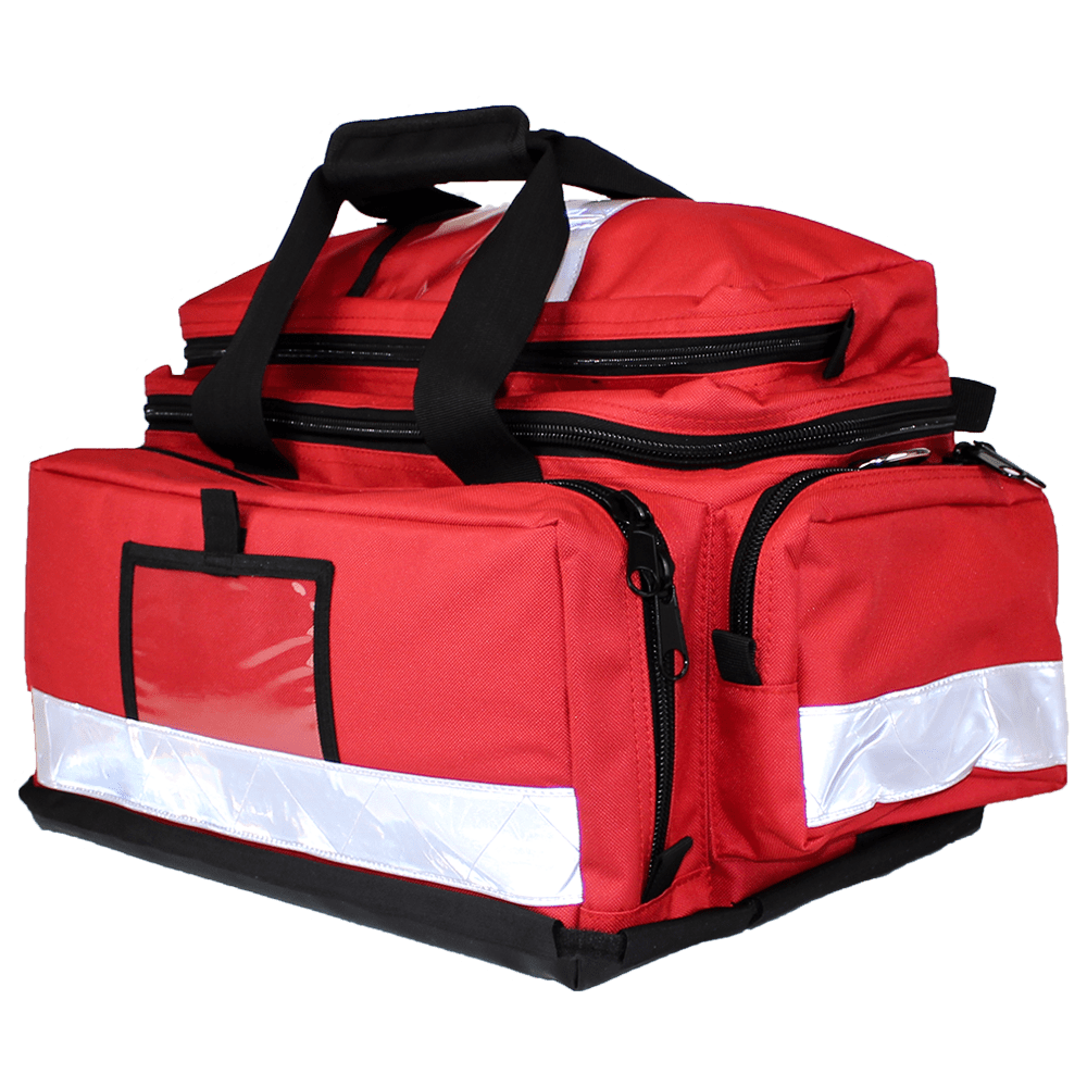 Large red soft trauma bag with black carry handles, a shoulder strap, reflective strips and multiple zipped compartments