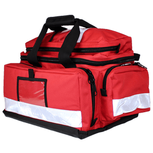 Large red soft trauma bag with black carry handles, a shoulder strap, reflective strips and multiple zipped compartments