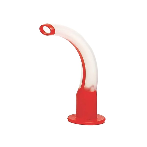 A red rimmed Guedel airway shown from the side, the curved tube with its flanged bite block at the open end