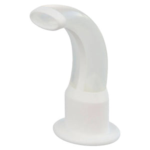 White Guedel airway shown from the side, the curved tube with its flanged bite block at the open end