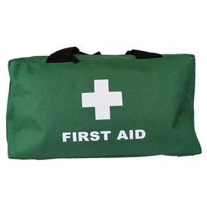 Green fabric first aid bag printed first aid with a white cross, shown closed with its carry handles