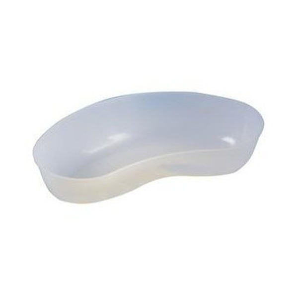 A clear plastic kidney dish of the same shape shown from a low angle