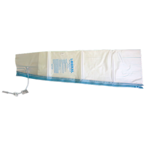 Clear inflatable full arm air splint with a blue zip along its length and an inflation valve tube