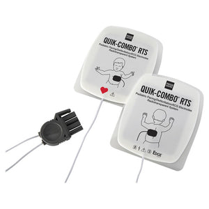Two white QUIK-COMBO RTS electrode pads with paediatric placement diagrams, joined by lead wires to a black connector