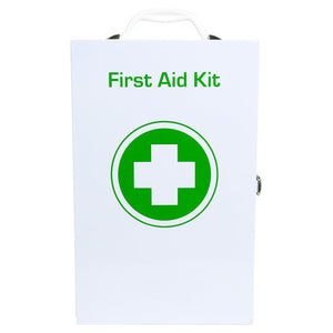 White metal first aid cabinet with a carry handle, printed first aid kit above a green cross inside a green circle