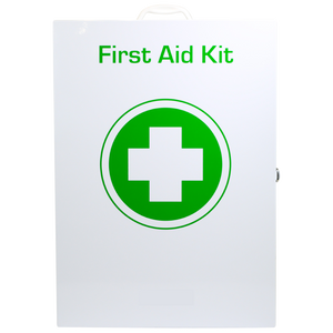 White metal wall cabinet printed First Aid Kit with a green circle and a white cross