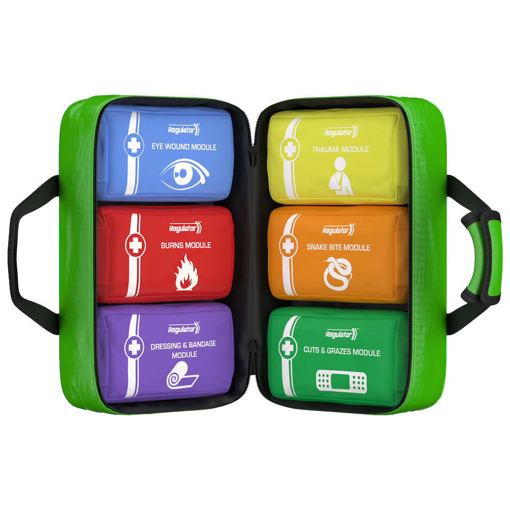 Aero Healthcare MODULATOR 4 Series Softpack First Aid Kit 36 x 14 x 23cm showing colour-coded modular first aid softpack for compliant workplace first aid provision