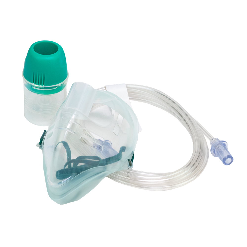 Aero Healthcare Adult Nebuliser Kit with mask, tubing, and medication bowl showing complete disposable single-use accessory set for aerosol medication delivery in clinical and home care settings
