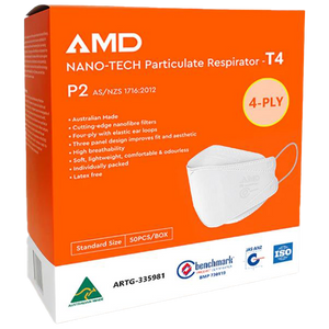 Orange and white AMD box printed Nano-tech Particulate Respirator T4, P2, four ply, showing a white flat fold respirator, marked 50 pieces per box
