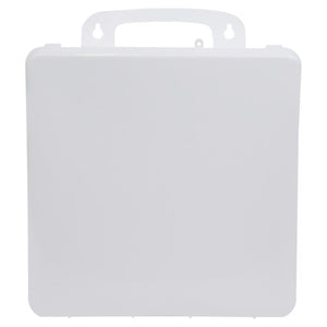 White weatherproof plastic case with a moulded carry handle and twin catches, shown closed from the front