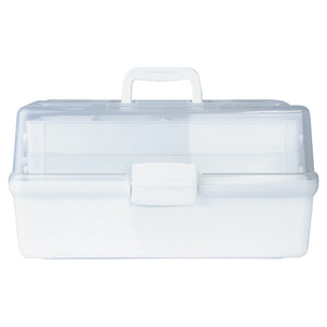 Clear and white plastic tacklebox with a moulded carry handle and a lift out tray, shown closed