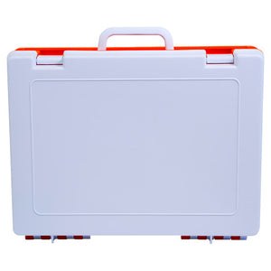 White rugged plastic case with orange latches and a moulded carry handle, shown closed