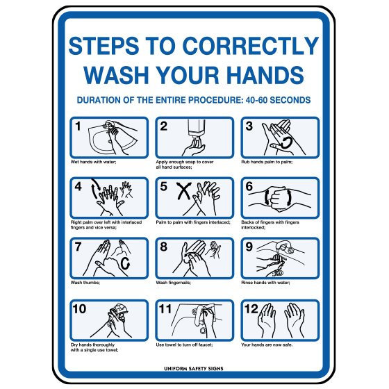 Aero Healthcare Poly Hand Washing Steps Sign 30 x 22.5cm showing numbered hand washing procedure steps on durable polypropylene for workplace hygiene compliance