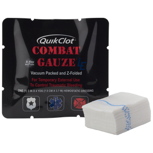 Black QuikClot Combat Gauze foil pack printed vacuum packed and Z-folded, for temporary external use to control traumatic bleeding, shown with the folded gauze in front