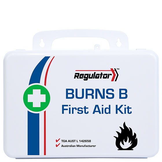 Aero Healthcare REGULATOR Burns B First Aid Kit 21 x 7.5 x 13cm showing compact dedicated burns first aid kit for thermal injury management in workplaces with elevated burn risk