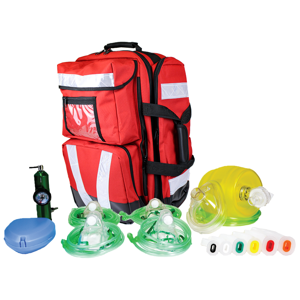 Aero Healthcare REGULATOR Oxygen Resuscitation Kit 48 x 54 x 32cm showing complete pre-assembled emergency oxygen system with cylinder, regulator, and delivery masks for trained first aiders