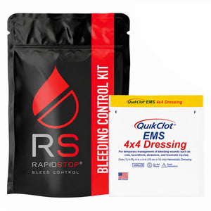 Black RAPIDSTOP bleeding control pouch shown beside a QuikClot EMS four by four dressing pack