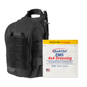 Black MOLLE pouch shown beside a QuikClot EMS four by four dressing pack