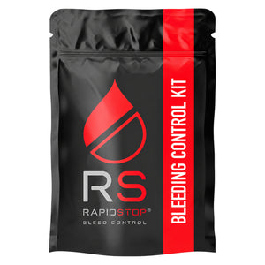 Black RAPIDSTOP pouch printed Bleeding Control Kit with a red drop symbol, in the larger size