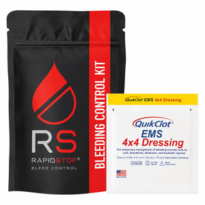 Black RAPIDSTOP bleeding control pouch in the larger size, shown beside a QuikClot EMS four by four dressing pack