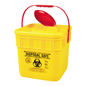 Square yellow sharps disposal container with a red hinged lid and a folding carry handle, printed disposal safe for sharps and contaminated waste with a biohazard symbol