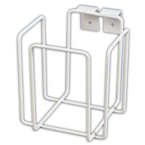 White powder coated wire wall bracket shaped to hold a sharps container, with a flat mounting plate and two screw holes