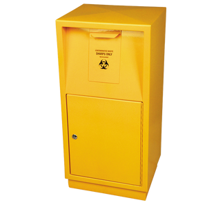 Yellow steel sharps disposal safe with a hinged lower door, a posting aperture at the top and a biohazard label