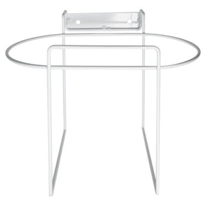 White coated wire wall bracket with a flat mounting plate and a shaped cradle ring