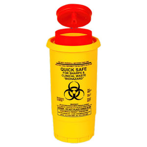 Yellow sharps container with a red flip lid, printed quick safe for sharps and clinical waste with the biohazard symbol and a fill line warning