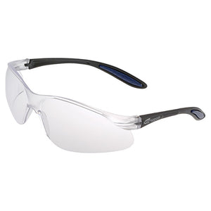 Clear lens safety glasses with a wraparound frame and black temple arms