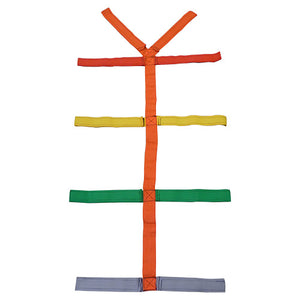Orange webbing T-strap restraint laid out flat, with coloured cross straps in red, yellow and green for spine board immobilisation