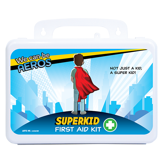 Aero Healthcare SUPERKID 2 Series Plastic Waterproof First Aid Kit 21 x 7.5 x 13cm showing compact waterproof children first aid kit for school, sport, and family use