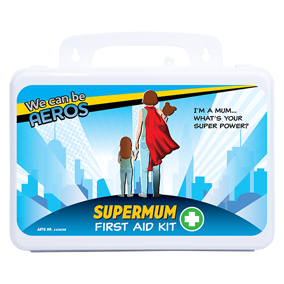 Aero Healthcare SUPERMUM 2 Series Plastic Waterproof First Aid Kit 21 x 7.5 x 13cm showing compact waterproof family first aid kit for handbag, vehicle, and family activity use