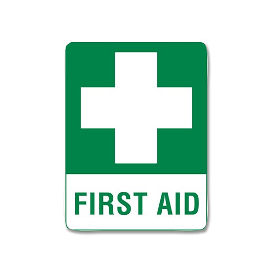 Aero Healthcare Small Poly First Aid Sign 30 x 22.5cm showing durable polypropylene first aid location sign for compliant workplace first aid station identification