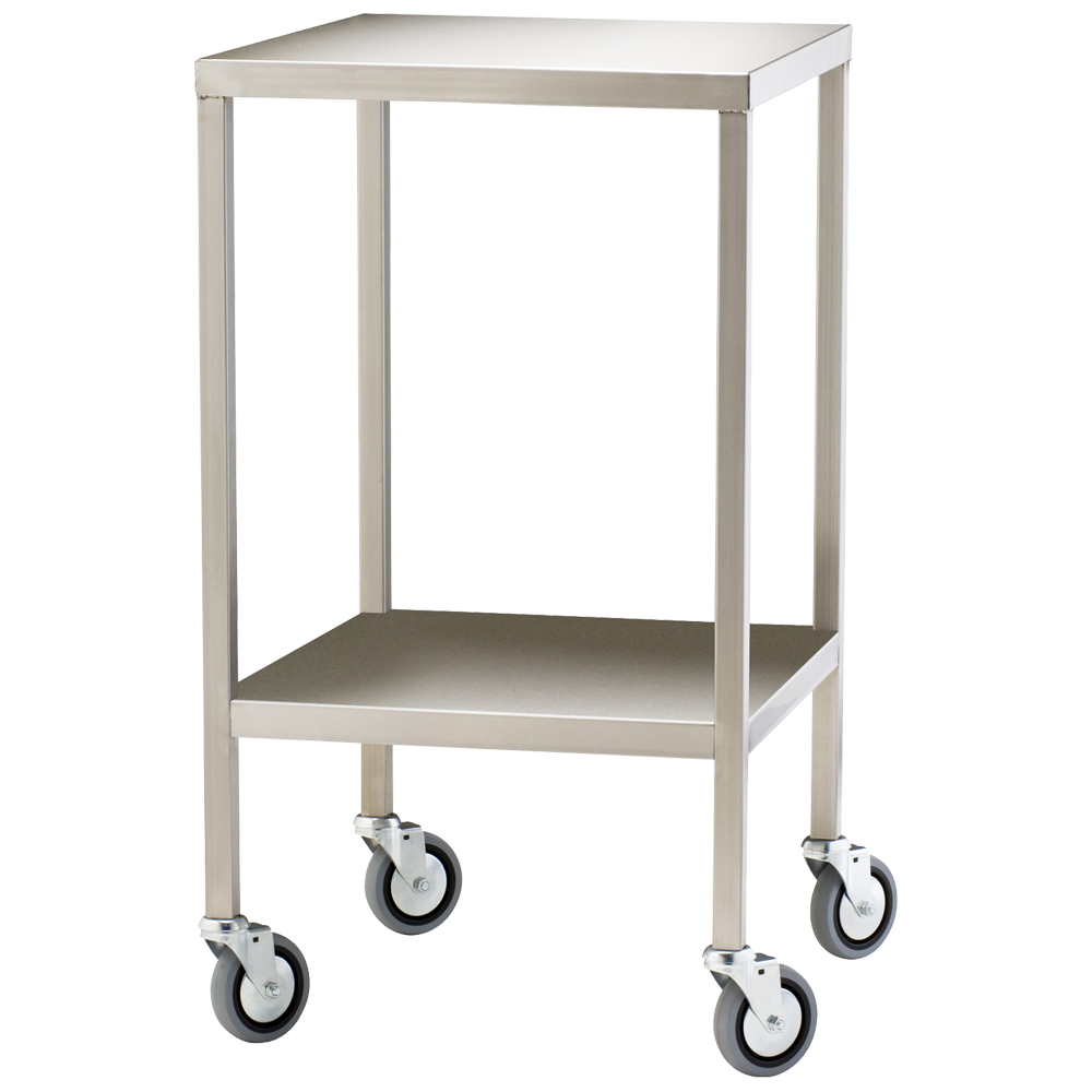 Aero Healthcare Small Stainless Steel Medical Trolley 50 x 50 x 90.5cm showing two-tier design with main work surface lower shelf and castors for clinical and first aid room use