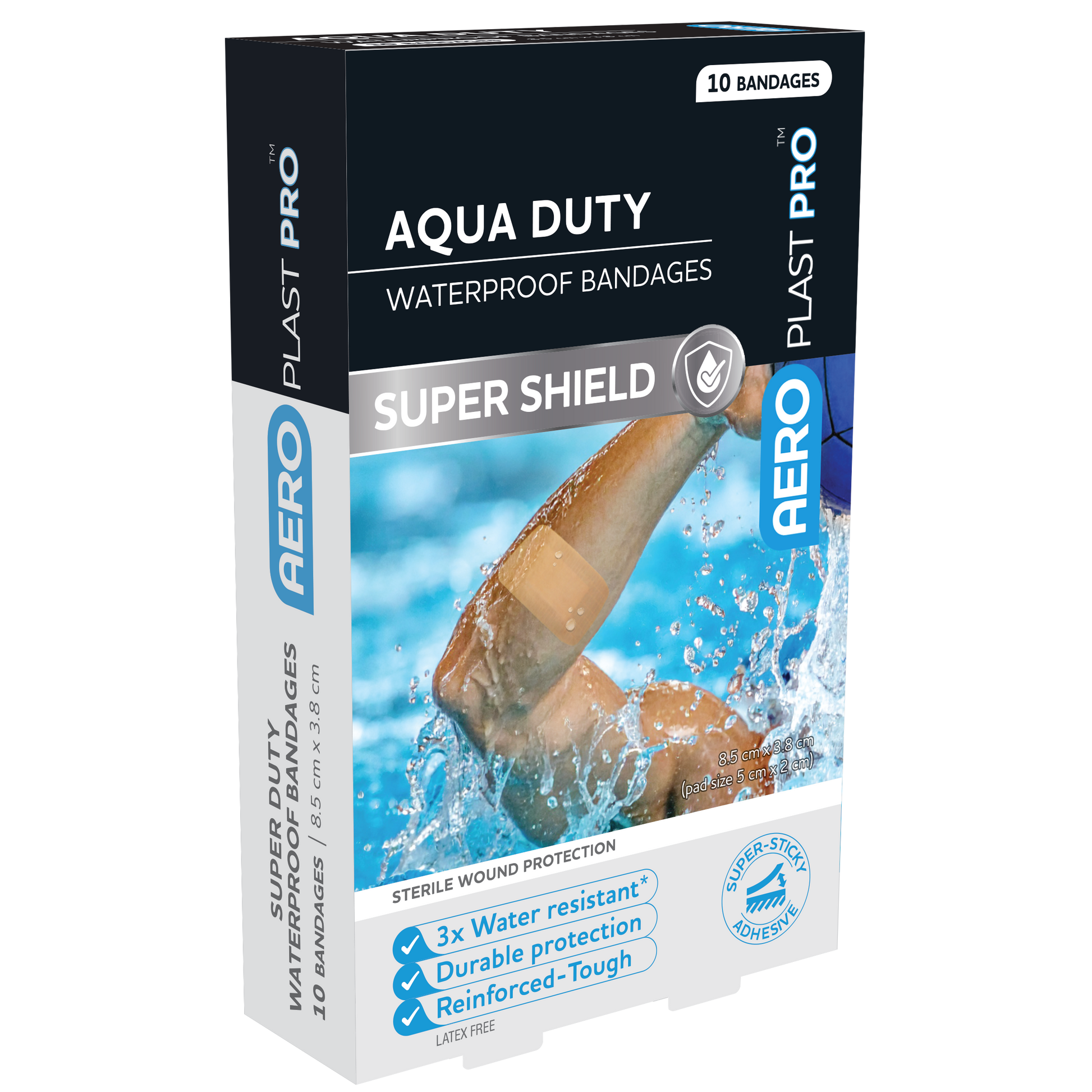 Aeroplast Aqua Duty Waterproof Bandages 8.5 x 3.8cm pack of 10 showing waterproof adhesive bandages for wet, swimming, and outdoor wound cover